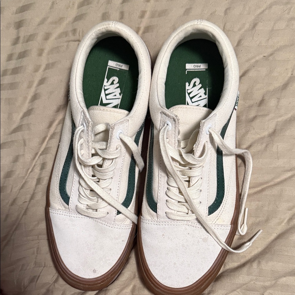 Vans White and Green Low-Top Sneakers
